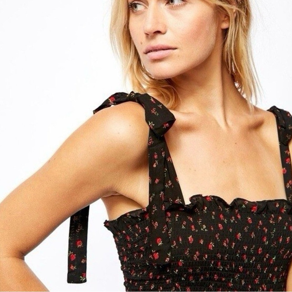 Free People Intimately Bella Smocked Black/Red Floral Mini Dress Size Medium